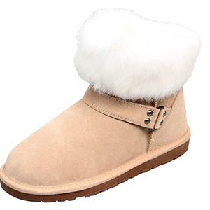 Luxehome Women's Winter Leather Rabbit Fur Boots